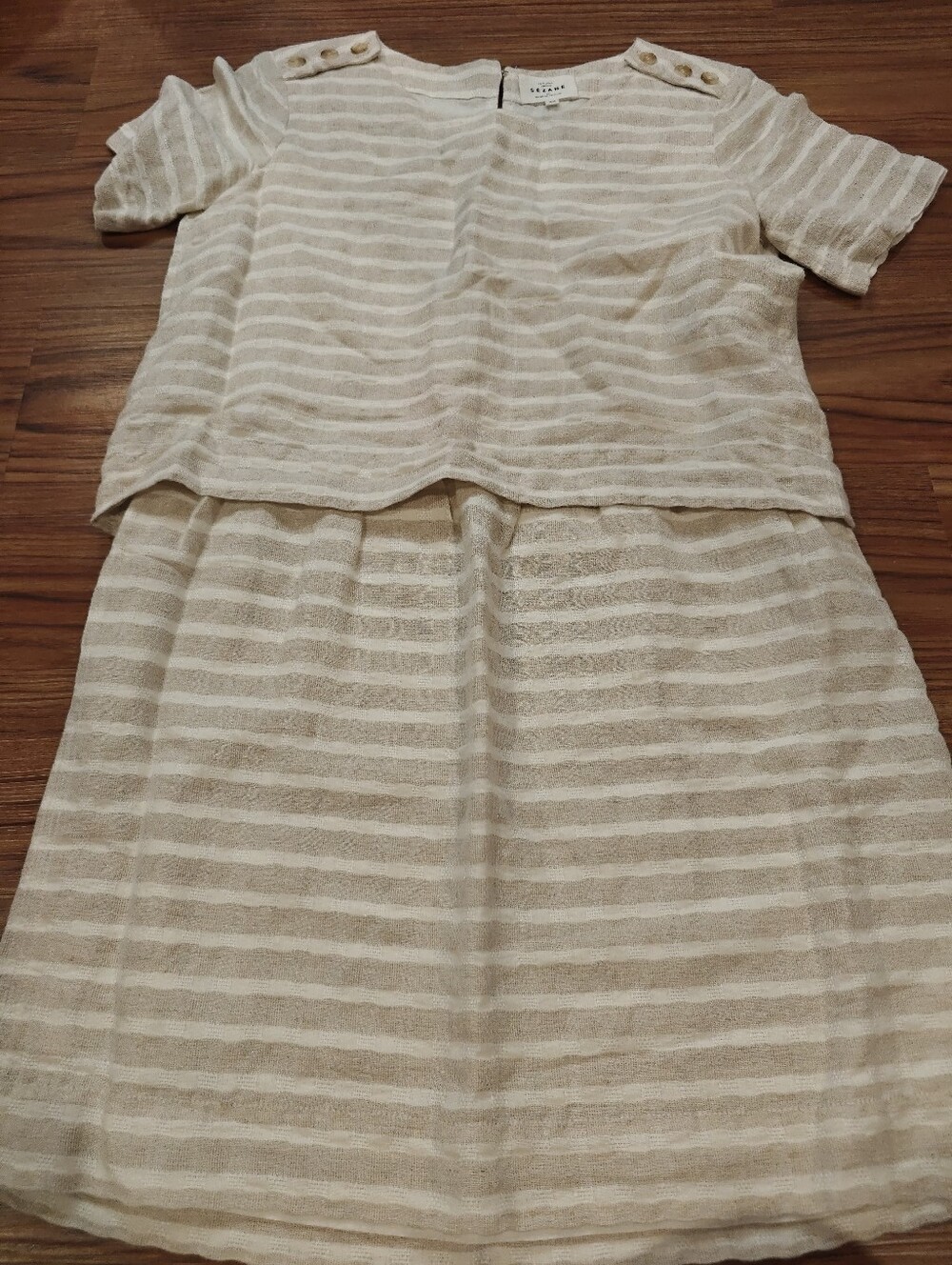 Sezane Cream and White Striped Mini Dress with Button-Shoulder - Picture 3 of 9